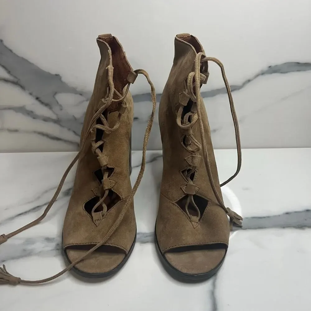 Frye Womens Tan Suede Gabby Ghillie Shooties Sz 7 Peep Toe Lace-Up Festival Boho